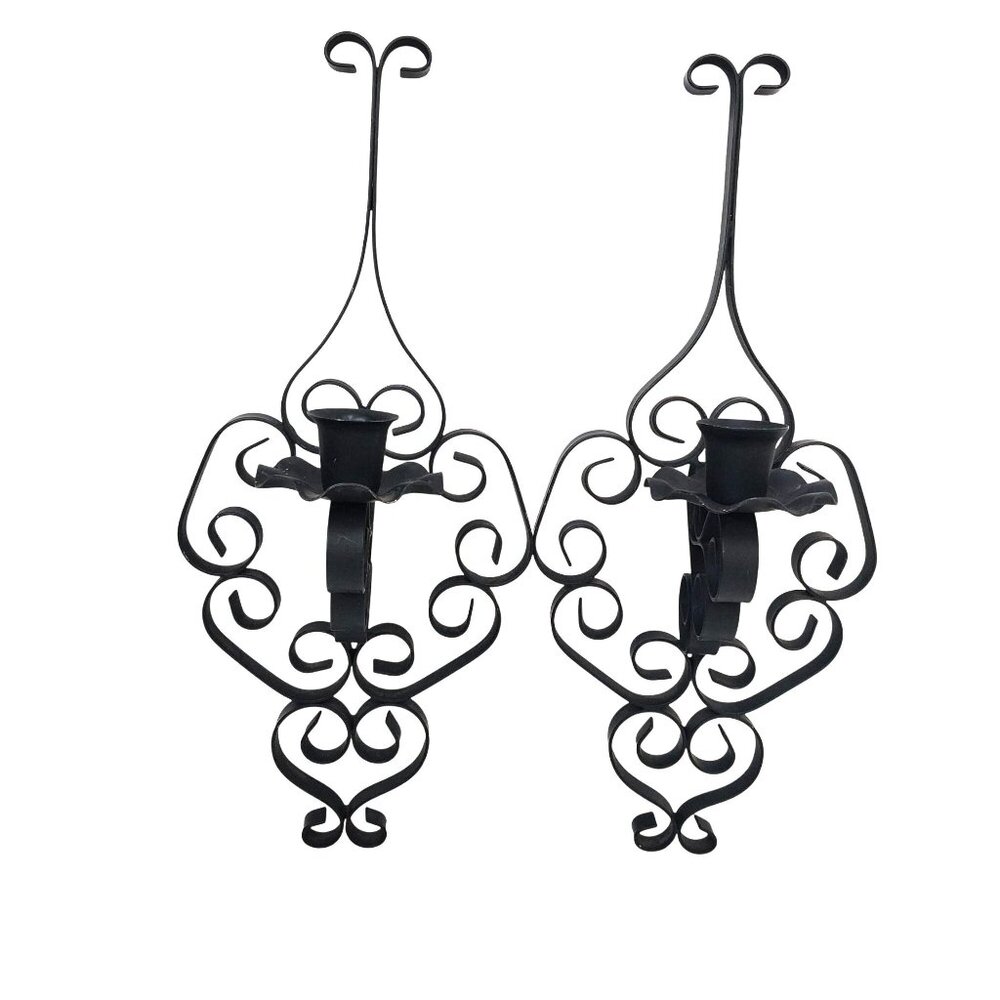 Vintage Black Metal Wall Candle Sconces Pair Holders Set Of 2 Scroll